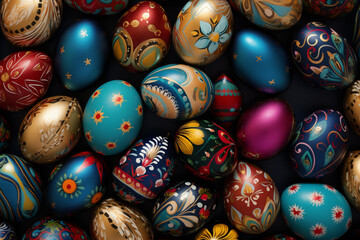 AI Generated Image from above of full frame of beautiful dyed Easter eggs