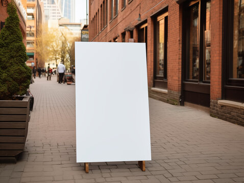 레스토랑 앞에 놓여진 흰색 메뉴 보드 목업, 거리에 있는 흰색 광고 프레임, 메뉴판