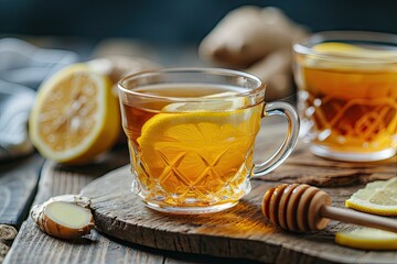 Crystal glass on wooden table holds ginger tea with lemon and honey - Powered by Adobe