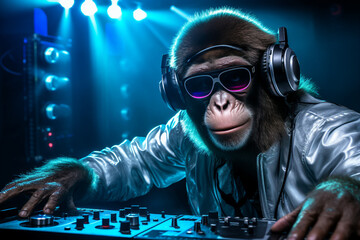 Dj person girl guy on stage turning on best music beat headphones turntable equipment Generative AI