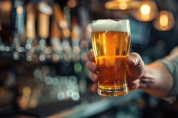 Bartender holds beer in bar - obrazy, fototapety, plakaty
