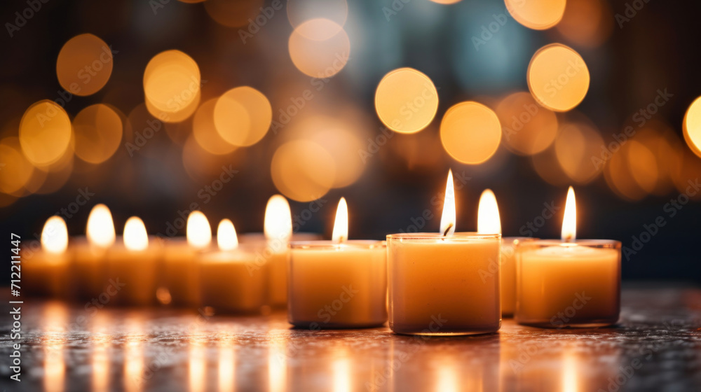 Poster a tranquil row of lit candles provides a serene ambiance, highlighted by a soft bokeh light effect i