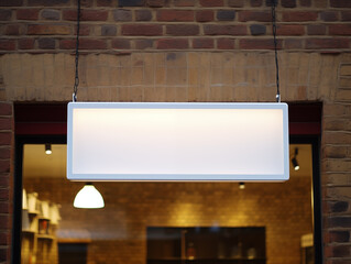 White square sign hanging in front of the store, light sign mockup