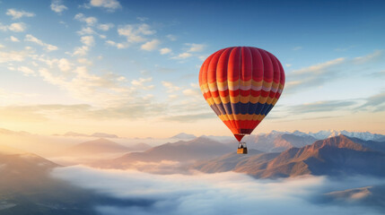 Fototapeta na wymiar Colorful hot air balloon floating gracefully over mountain peaks at sunrise, offering breathtaking views.