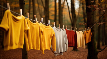 Colorful knit sweaters hanging on a clothesline amidst autumnal trees with fallen leaves.