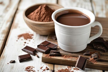 Hot chocolate in a white mug chocolate pieces and powder in a bowl on a wooden table isolated on white background Horizontal view