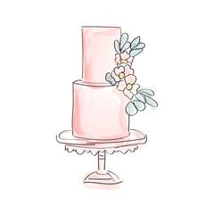 two tier cake, doodle style. watercolour brushes. vector illustration 