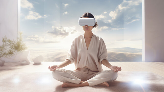 Young woman doing yoga in virtual space. Metaverse