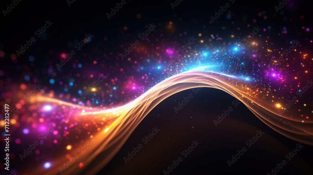 Poster abstract digital artwork with a wave of glowing particles and vibrant colors on a dark backdrop.