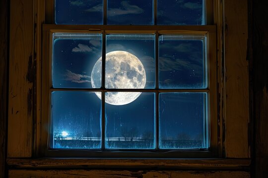 Moon seen through window frame at fullness