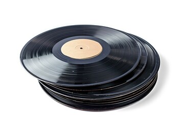 Pile of vintage records viewed from above top one with empty sleeve isolated on white backdrop