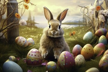 Fototapeta na wymiar easter bunny and easter eggs, Easter background, Easter holiday