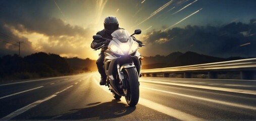 motorbike rider is speeding on the highway - obrazy, fototapety, plakaty