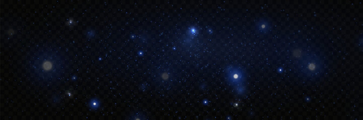 Sparkles of fairy dust and blue stars shine with a special light. Particles of glare of light.