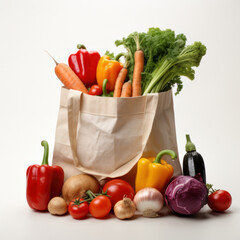 A variety of fresh and colorful vegetables spilling out of an eco-friendly shopping bag, promoting healthy eating and sustainability.