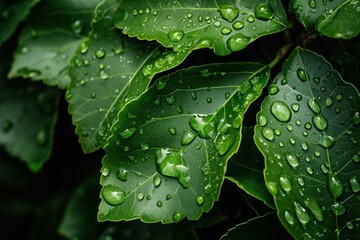 Close-Up Water Drops on Green Leaves. Generative AI.