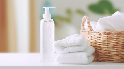Obraz na płótnie Canvas A clear lotion dispenser bottle next to folded white towels and a wicker basket on a serene bathroom counter.