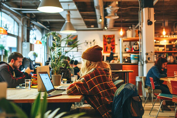 Digital nomads collaborating in a shared coworking space. - obrazy, fototapety, plakaty