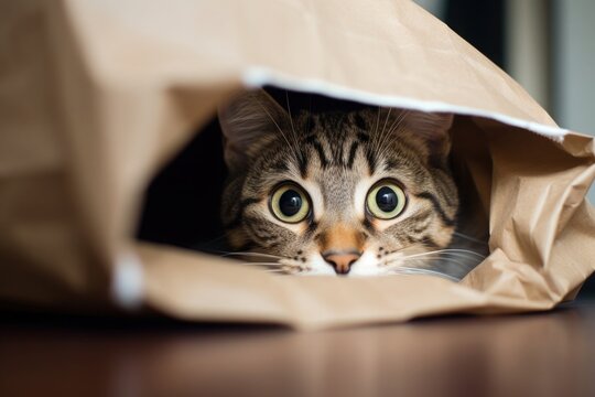 Domestic playful cat hid in a paper bag