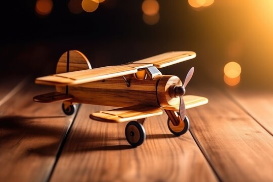 A wooden toy airplane stands on a wooden surface