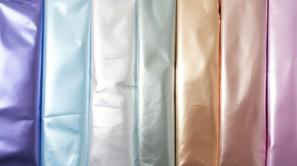 A collection of satin fabric swatches elegantly displayed in a row, showcasing a variety of shimmering colors.