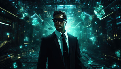 Fototapeta premium Secret agent or bodyguard in suit and sunglasses