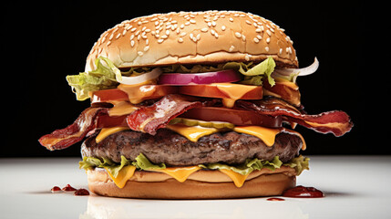 A delectable gourmet bacon cheeseburger with a sesame seed bun, fresh lettuce, tomato, and melting...