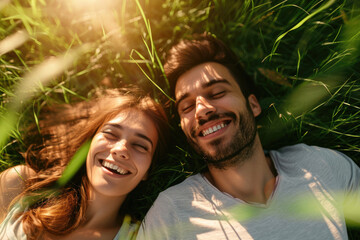 Smiling couple lying on grass enjoying sunny day