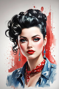 Portrait of a beautiful rockabilly pinup girl wearing a  blue jacket with black hair. Watercolor effect minimalistic background. 