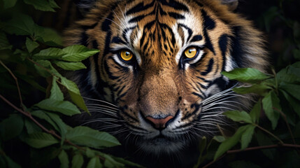 A majestic tiger's face peering through lush green jungle foliage, showcasing its intense yellow eyes and striped fur.