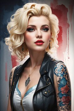 Portrait of a beautiful rockabilly pinup girl wearing a black leather top with blond hair and tattoos. Watercolor effect minimalistic background. 