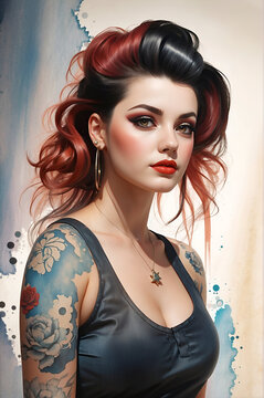 Portrait of a beautiful rockabilly pinup girl with red and black hair and tattoos. Watercolor effect minimalistic background. 