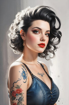 Portrait of a beautiful rockabilly pinup girl with dark hair and tattoos. Watercolor effect minimalistic background. 