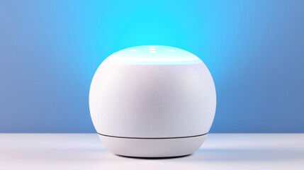 White modern smart speaker with ambient light on a blue gradient background, concept of technology in everyday life.