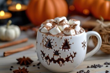 Halloween themed hot chocolate for kids with marshmallows and spices served in a white cup with a spooky Jack o lantern design