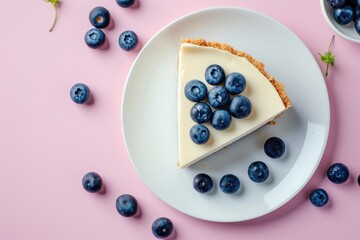 Plain New York cheesecake with blueberries on a white plate viewed from the top against a pink background - obrazy, fototapety, plakaty