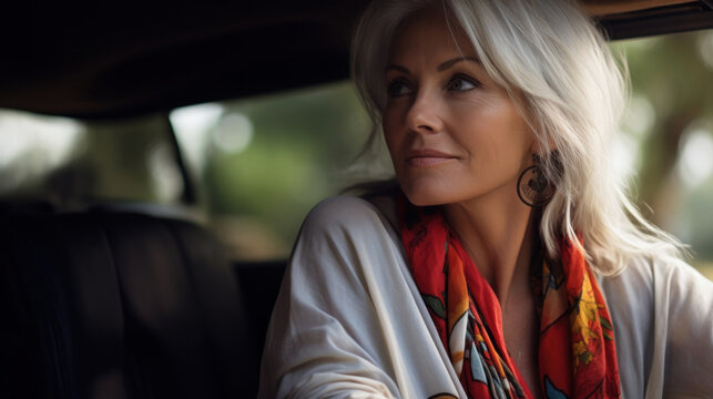 Elegant Senior Woman With Grey Hair And A Colorful Scarf Looking Contemplative While Looking Out Of A Car Window.