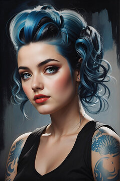 Portrait of a beautiful rockabilly pinup girl wearing a black top with purple hair and tattoos. Watercolor effect minimalistic background. 