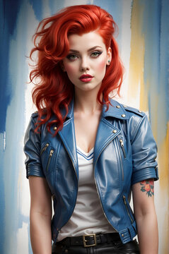 Portrait of a beautiful rockabilly pinup girl wearing a blue leather jacket with long red hair and tattoos. Watercolor effect minimalistic background. 
