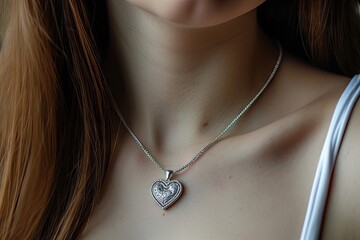 Heart shaped silver medallion pendant hangs around young girl s neck on a chain adding a touch of romance with its beautiful design - Powered by Adobe