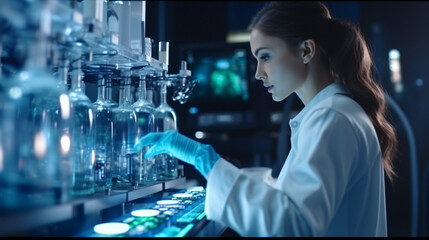 A female scientist controls the operation of devices
