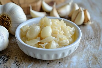 Fototapeta na wymiar Preserved garlic in dish with white color