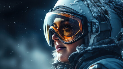 A close-up portrait of a woman in winter gear, her ski goggles adorned with fresh snowflakes, highlighting a wintry adventure. - obrazy, fototapety, plakaty