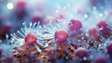 Candida and bacteria colonies under a microscope. Generative AI