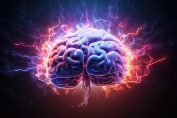 Obraz premium Brain lightning mind, axon thunderbolt flashes, cognitive energy bursts. ATP demand, cerebral glucose metabolism, brain lactate. Hypoglycemia cerebral energy crisis, energetics, mitochondrial function