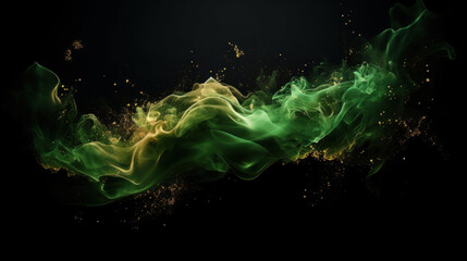 Abstract art background featuring flowing green smoke with golden specks, embodying a sense of...