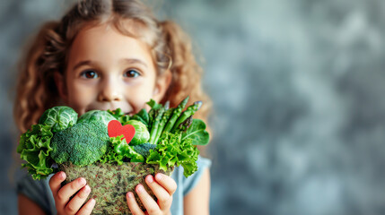Small cute girl holds in her hands fresh natural green vegetables with small red heart against blue textured background. Close up. Concept of health, healthy food and dieting. Copy space - obrazy, fototapety, plakaty