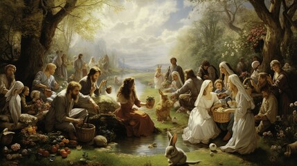 old painting of people celebrating first easter holiday, easter background, easter holiday, easter