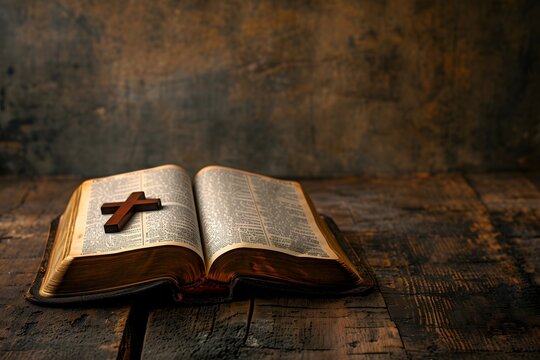 A wooden cross resting upon an open Bible capturing the essence of Christian fait