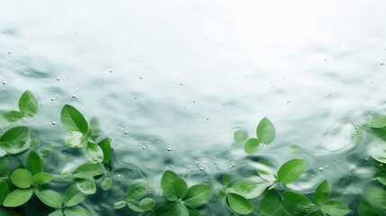 Naklejka na ściany i meble Fresh green leaves floating under water with air bubbles, symbolizing purity and natural beauty.
